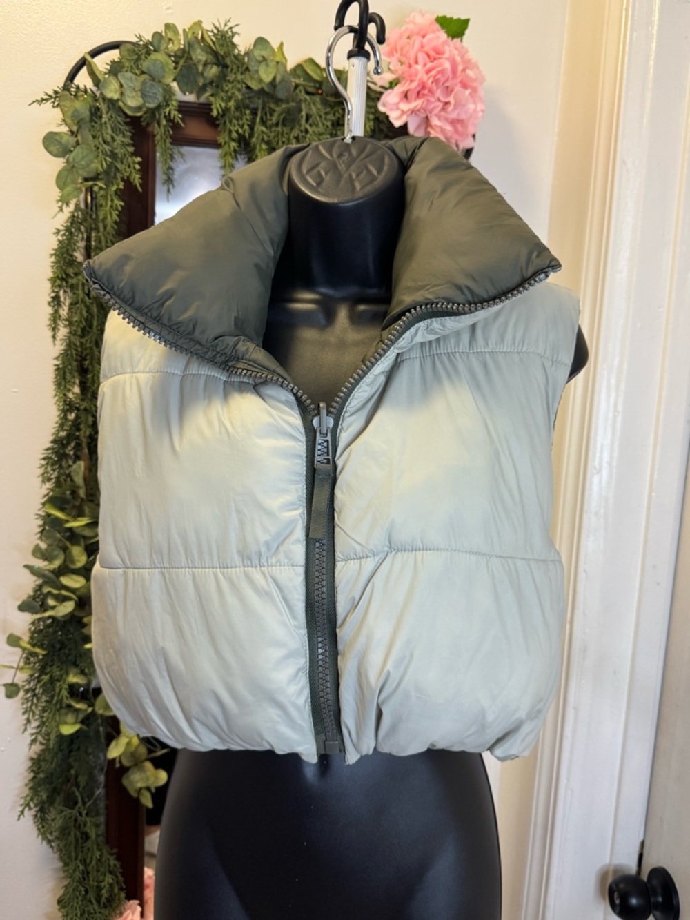 Zara Olive Green Quilted Vest with Dark Trim